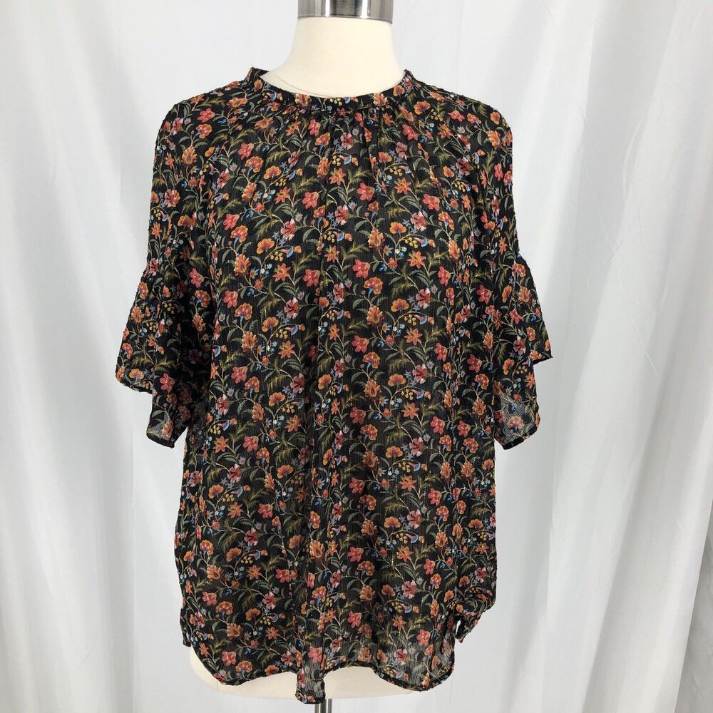 Loft Women’s Floral Sheer Blouse Short Sleeves Tie Neck Size Large